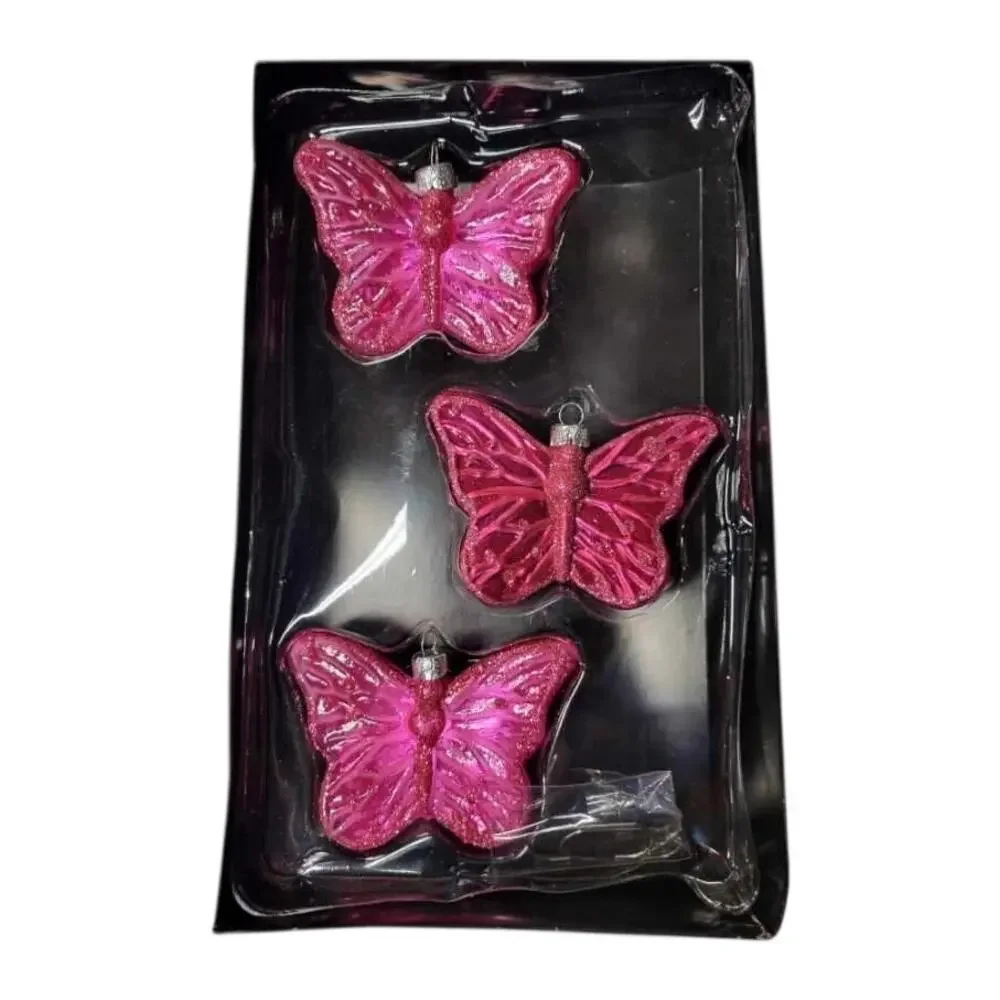 🦋 Holiday Time Pink Glass Butterfly Ornaments 3 Pack NWT Glitter Holiday Decor